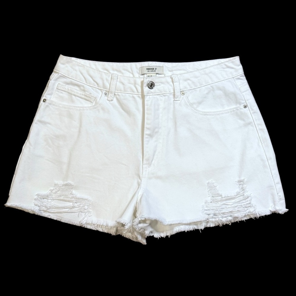 Forever 21 High Rise Distressed Cut Off White Denim Shorts Size 30 2” Inseam